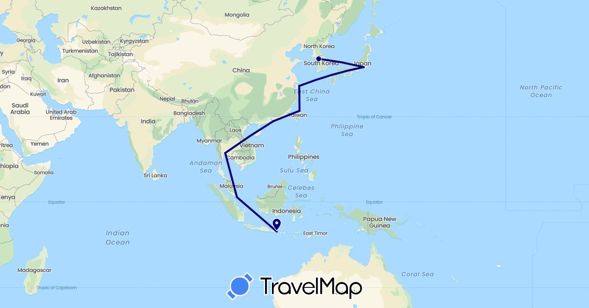TravelMap itinerary: driving in China, Indonesia, Japan, South Korea, Singapore, Thailand, Taiwan (Asia)